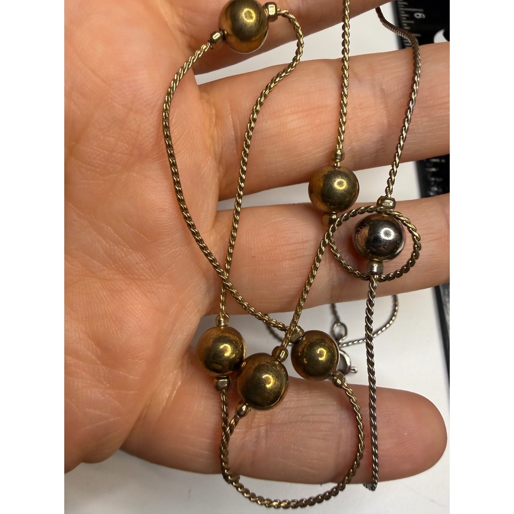 Two Tone Gold and Silver Station Bead Rope Chain Necklace 32 Inch Long